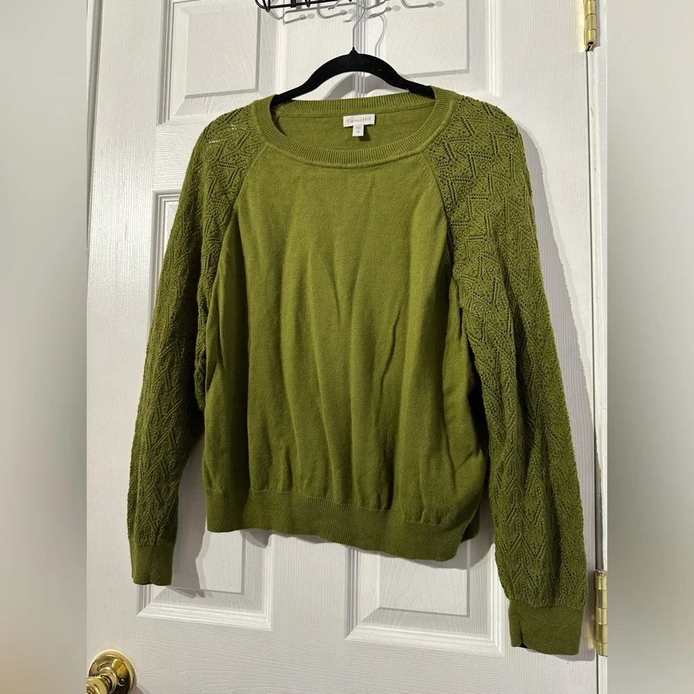 Garnet Hill Green Crew Neck Sweater with Cable Knit Sleeves (XS) - Picture 5 of 15